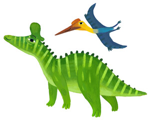 cartoon happy and funny colorful prehistoric dinosaur dino lambeosaurus and quetzalcoatlus pterodactyl bird flying isolated illustration for children