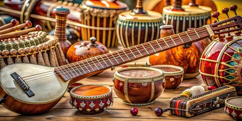 Vibrant scene of traditional music instruments, including sitar, tabla, and tanpura, arranged artistically to evoke rhythm and harmony at a cultural celebration.