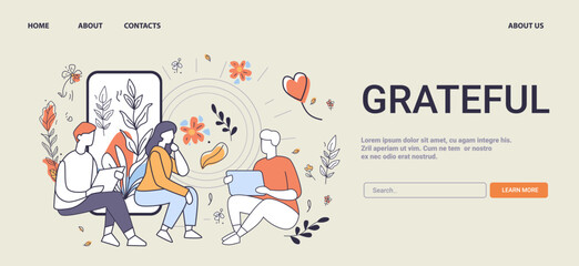 Grateful Mental Health Concept people sitting with devices surrounded by flowers and leaves in a calming environment website design