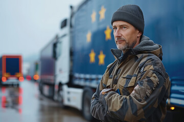 Fototapeta premium European Union Truck Driver Reflects on a Cloudy Day