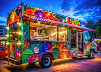 Obraz premium Vibrant food truck adorned with colorful decals and neon lights parked at bustling urban festival, ready for text overlay with ample copy space around it.