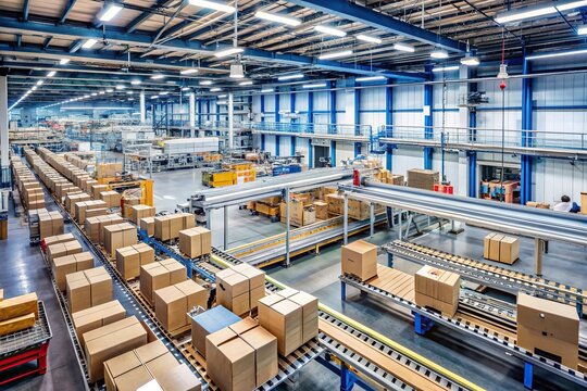 Busy factory production line with boxes, machinery, and packaging materials, conveying a sense of industriousness and efficiency in a modern industrial setting.