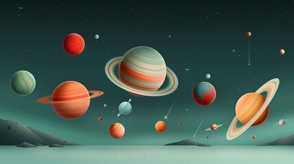 Naklejka premium Space-themed backgrounds with celestial elements like stars, planets, and galaxies evoking a sense of wonder and the infinite beauty of the cosmos Illustration, Image, , Minimalism,