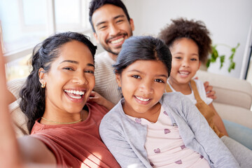 Happy family, selfie and portrait on sofa bonding, love and together for mothers day with social media. People or excited mom share special moment online with kids and dad on holiday at home