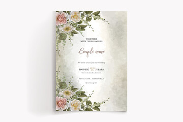 WEDDING INVITATION FRAME WITH FLOWER DECORATIONS AND FRESH LEAVES 