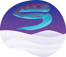 Colorful aurora borealis illuminating night sky with bright shining stars over snowy hills