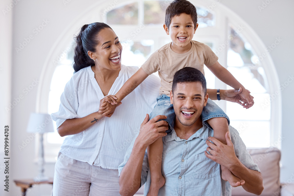 Poster Portrait, family and boy on man shoulders for airplane, play and games in home with happiness. Parents, smile and child with piggyback on dad for support, development and trust for fathers day