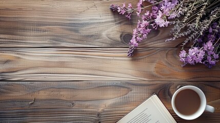 Fototapeta premium Coffee cups and books on the board, relaxing with pictures