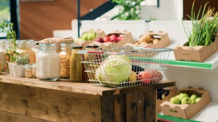 Additives free pantry supplies in local shop eco friendly supermarket shelves. Organic food stored in reusable glass containers on display in empty neighborhood zero waste grocery store.