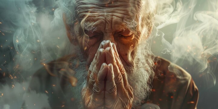 A man with a long white beard is seen praying, likely in a contemplative or meditative state