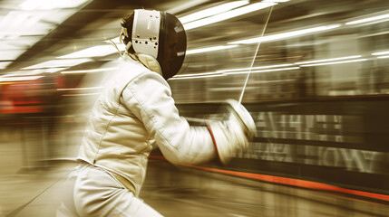 Blurred fencing arena sets the stage for a cinematic view of a fencer's victorious pose, back to the camera.
