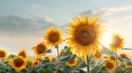 A picturesque country landscape with a field of sunflowers under the warm rays of the sun symbolizing the beauty and abundance of nature Illustration, Image, , Minimalism,