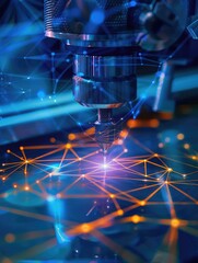 Computer generated image of machine with blue and orange light