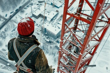 Man in red hat is standing on tall structure - Powered by Adobe