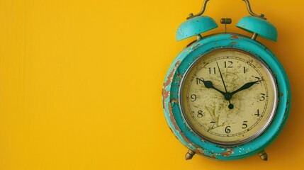 Vintage alarm clock with circular face on yellow backdrop blank area available
