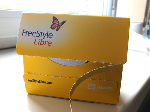Moscow, Russia-May 16, 2022: Freestyle libre box. A medical device for remote blood test of a diabetic patient for blood sugar