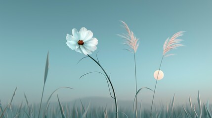 A tranquil meadow filled with wildflowers and tall grasses under the soft glow of the setting sun capturing the peacefulness of nature Illustration, Image, , Minimalism,