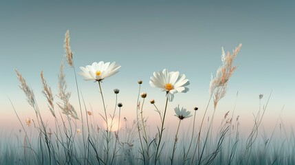 A tranquil meadow filled with wildflowers and tall grasses under the soft glow of the setting sun capturing the peacefulness of nature Illustration, Image, , Minimalism,