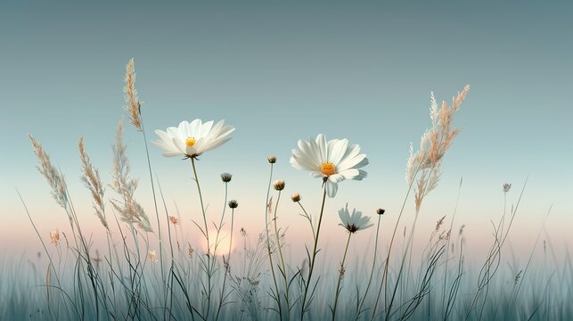 A tranquil meadow filled with wildflowers and tall grasses under the soft glow of the setting sun capturing the peacefulness of nature Illustration, Image, , Minimalism,