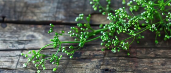 Green Plant Stem With Small Buds on Rustic Wooden Background
