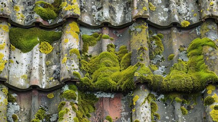Moss covered aged roof tiles Background idea Space for text