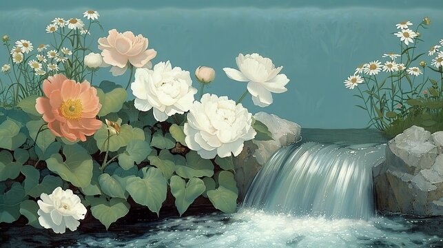 A vibrant garden scene with a plethora of blooming flowers and a gentle stream flowing through emphasizing the harmony of nature Illustration, Image, , Minimalism,