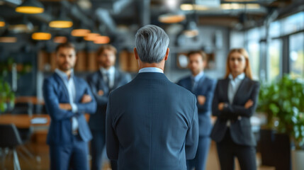 Business leader facing a team of serious professionals with arms crossed in a modern office