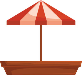 Red and white striped beach umbrella covering a wooden countertop