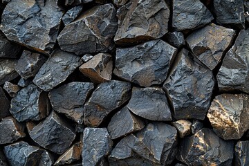 A close up of a pile of rocks with a dark grey color. The rocks are rough and jagged, giving the image a rugged and natural feel. Scene is one of strength and resilience