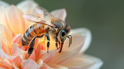 Close-up of a honeybee collecting nectar from a bright flower in a lush garden highlighting the intricate details and beauty of insects in nature Illustration, Image, , Minimalism,