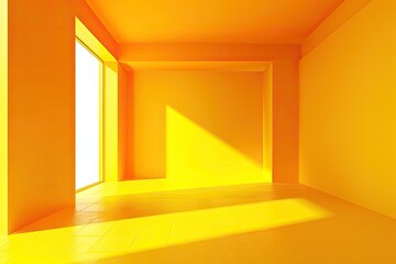 A yellow room with a window and a white wall. The room is empty and has a bright, cheerful atmosphere