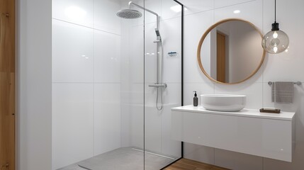 A modern bathroom with clean lines, a frameless glass shower, and minimalist fixtures emphasizing the elegance and simplicity of contemporary design Illustration, Image, , Minimalism,