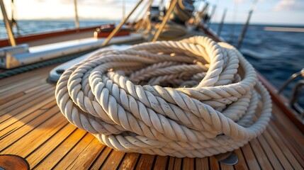 White Rope Coiled on a Wooden Deck