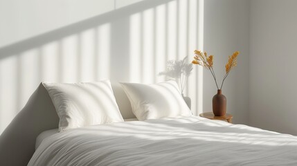A serene bedroom with minimal furnishings and a neutral color palette creating a calming and restful environment perfect for a good night's sleep Illustration, Image, , Minimalism,