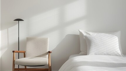 A serene bedroom with minimal furnishings and a neutral color palette creating a calming and restful environment perfect for a good night's sleep Illustration, Image, , Minimalism,