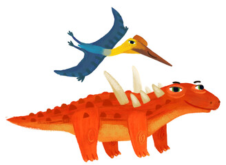 cartoon happy and funny colorful prehistoric dinosaur dino sauropelta and quetzalcoatlus pterodactyl bird flying isolated illustration for children © honeyflavour