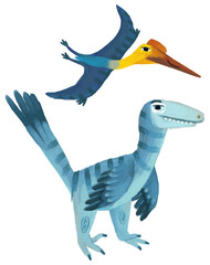 cartoon happy and funny colorful prehistoric dinosaur dino and quetzalcoatlus pterodactyl bird flying deinonychus isolated illustration for children © honeyflavour