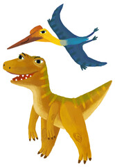 cartoon happy and funny colorful prehistoric dinosaur dino velociraptor and quetzalcoatlus pterodactyl bird flying isolated illustration for children © honeyflavour