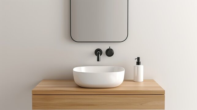 A serene bathroom with minimalist fixtures and a neutral color scheme creating a spa-like atmosphere perfect for relaxation and rejuvenation Illustration, Image, , Minimalism,