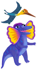 cartoon happy and funny colorful prehistoric dinosaur dino dilophosaurus and quetzalcoatlus pterodactyl bird flying isolated illustration for children © honeyflavour