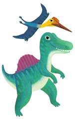 cartoon happy and funny colorful prehistoric dinosaur dino spinosaurus and quetzalcoatlus pterodactyl bird flying isolated illustration for children © honeyflavour