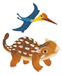 cartoon happy and funny colorful prehistoric dinosaur dino ankylosaurus and quetzalcoatlus pterodactyl bird flying isolated illustration for children © honeyflavour