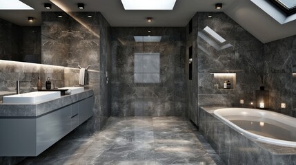 Obraz premium A grey marble bathroom with sleek LED lighting fixtures, a contemporary double vanity with integrated sinks, and a freestanding tub under a skylight.
