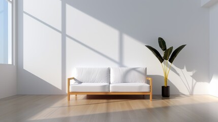 A modern living room with a minimalist sofa and a large window providing an abundance of natural light and a sense of openness Illustration, Image, , Minimalism,