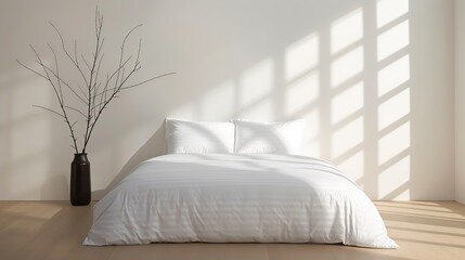 A serene bedroom with minimal furnishings and a calming color palette creating a peaceful and restful environment ideal for a good night's sleep Illustration, Image, , Minimalism,