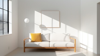 A modern living room with a minimalist sofa and a large window providing an abundance of natural light and a sense of openness Illustration, Image, , Minimalism,