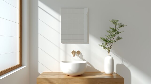 A serene bathroom with minimalist fixtures and a neutral color scheme creating a spa-like atmosphere perfect for relaxation and rejuvenation Illustration, Image, , Minimalism,