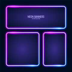 Glowing neon banners, illuminated colorful square frames. Shiny vibrant border, glow effect. Blue vintage retro lights, night illumination. Modern futuristic UI design elements. Vector illustration
