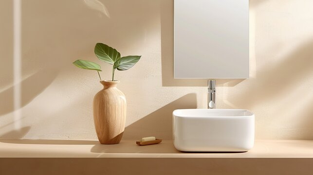 A serene bathroom with minimalist fixtures and a neutral color scheme creating a spa-like atmosphere perfect for relaxation and rejuvenation Illustration, Image, , Minimalism,