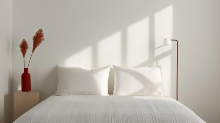 A serene bedroom with minimal furnishings and a calming color palette creating a peaceful and restful environment ideal for a good night's sleep Illustration, Image, , Minimalism,